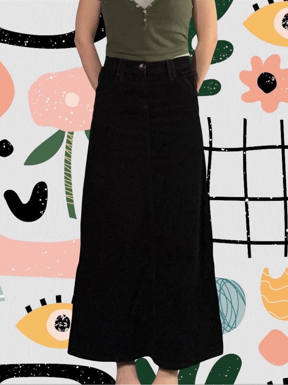 Bossini | Black High Waisted Corduroy Maxi Skirt